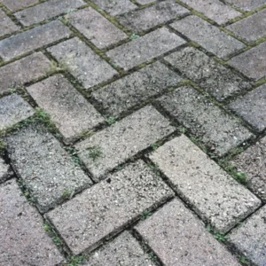 Pressure Washing Gallery dirty brown brick pavers with weeds in Morley