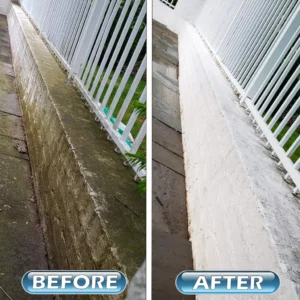Mould Moss Algae Mildew Removal poolside wall with a white fence on top of a dirty and pressure washed before and after photo in Mount Lawley